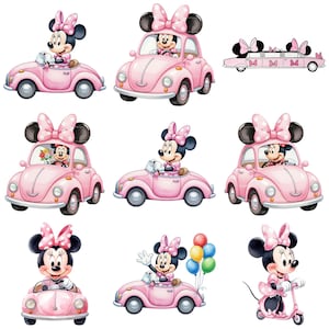 May include: A collection of Minnie Mouse illustrations featuring the character driving various pink vehicles including convertibles, a sedan, a limousine, and a scooter, accented with pink polka dot bows and colorful balloons.