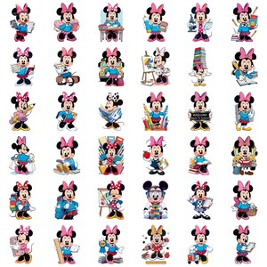 May include: A collection of thirty-six individual illustrations of Minnie Mouse in various school-themed poses, wearing a blue sweater, plaid skirt, and pink bow. She is depicted with school supplies like books, pencils, rulers, and backpacks.