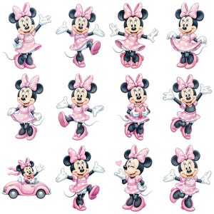 May include: A collection of twelve illustrations featuring Minnie Mouse in various poses, wearing a pink polka-dot dress, matching pink bow, and pink shoes. The character is depicted with black ears, white gloves, and expressive facial features.