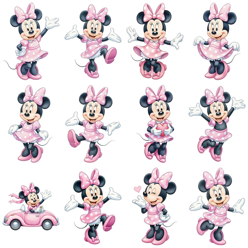 May include: A collection of twelve illustrations featuring Minnie Mouse in various poses, wearing a pink polka-dot dress, matching pink bow, and pink shoes. The character is depicted with black ears, white gloves, and expressive facial features.