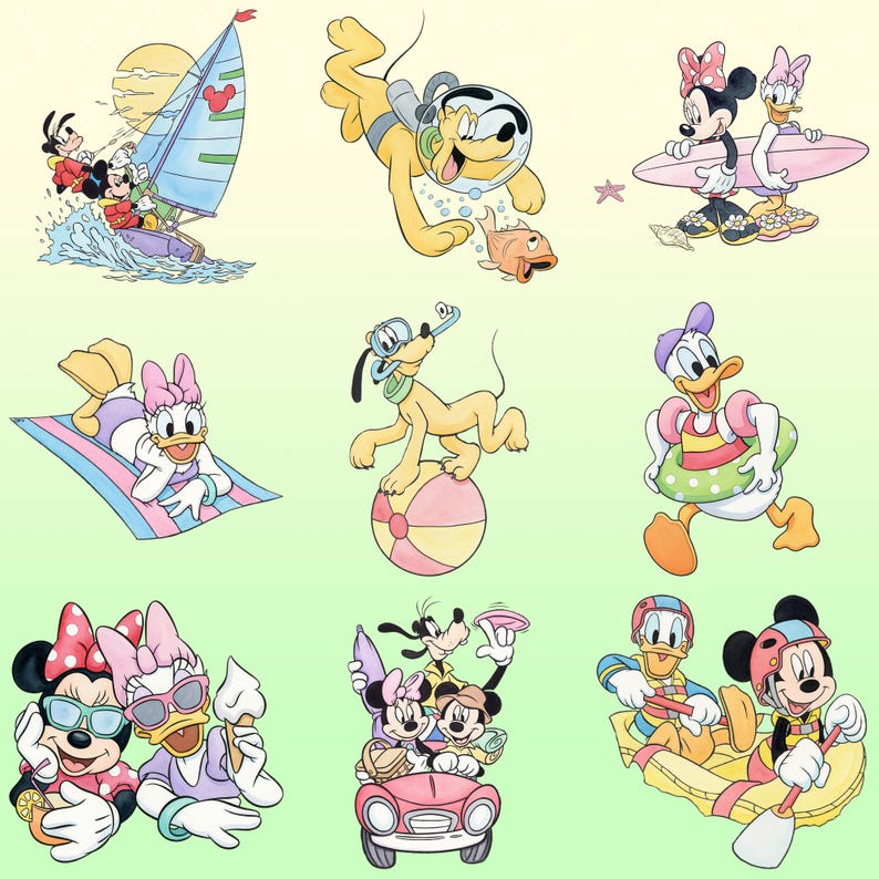May include: A collection of nine Disney character illustrations featuring Mickey Mouse, Minnie Mouse, Donald Duck, Daisy Duck, Pluto, and Goofy engaged in various summer activities like sailing, surfing, swimming, and driving a car.