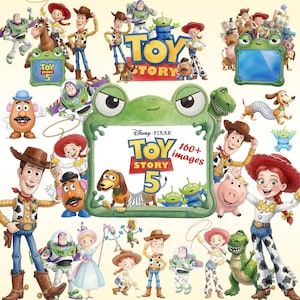 May include: A collection of Toy Story character illustrations featuring Woody, Buzz Lightyear, Jessie, Slinky Dog, Rex, and Mr. Potato Head. A central green frog-shaped frame displays the text Disney Pixar Toy Story 5 and 160+ images.
