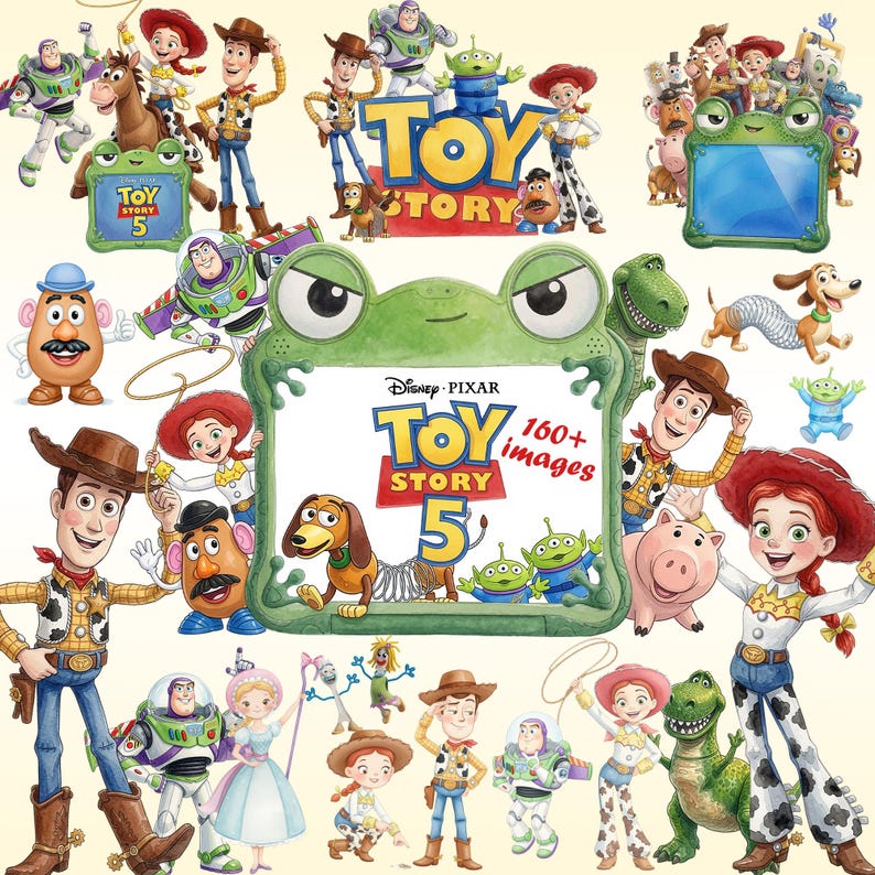 May include: A collection of Toy Story character illustrations featuring Woody, Buzz Lightyear, Jessie, Slinky Dog, Rex, and Mr. Potato Head. A central green frog-shaped frame displays the text Disney Pixar Toy Story 5 and 160+ images.