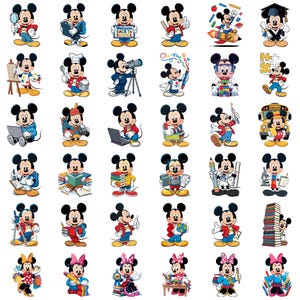 May include: A collection of thirty-five individual illustrations featuring Mickey and Minnie Mouse in various school-themed activities, including reading books, using computers, painting, conducting science experiments, and holding school supplies.