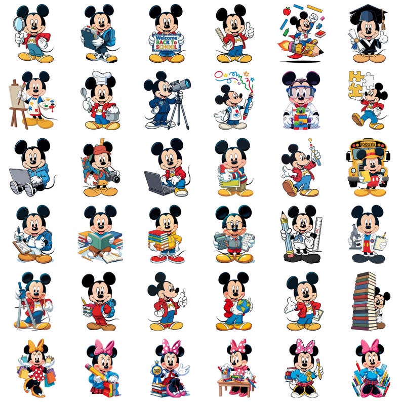 May include: A collection of thirty-five individual illustrations featuring Mickey and Minnie Mouse in various school-themed activities, including reading books, using computers, painting, conducting science experiments, and holding school supplies.