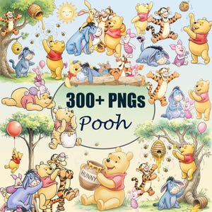 May include: A digital collection of 300+ PNG images featuring Winnie the Pooh, Piglet, Tigger, and Eeyore in various poses, including honey pots, trees, and bees. The text 300+ PNGs Pooh is centered in a light green oval on a pale background.