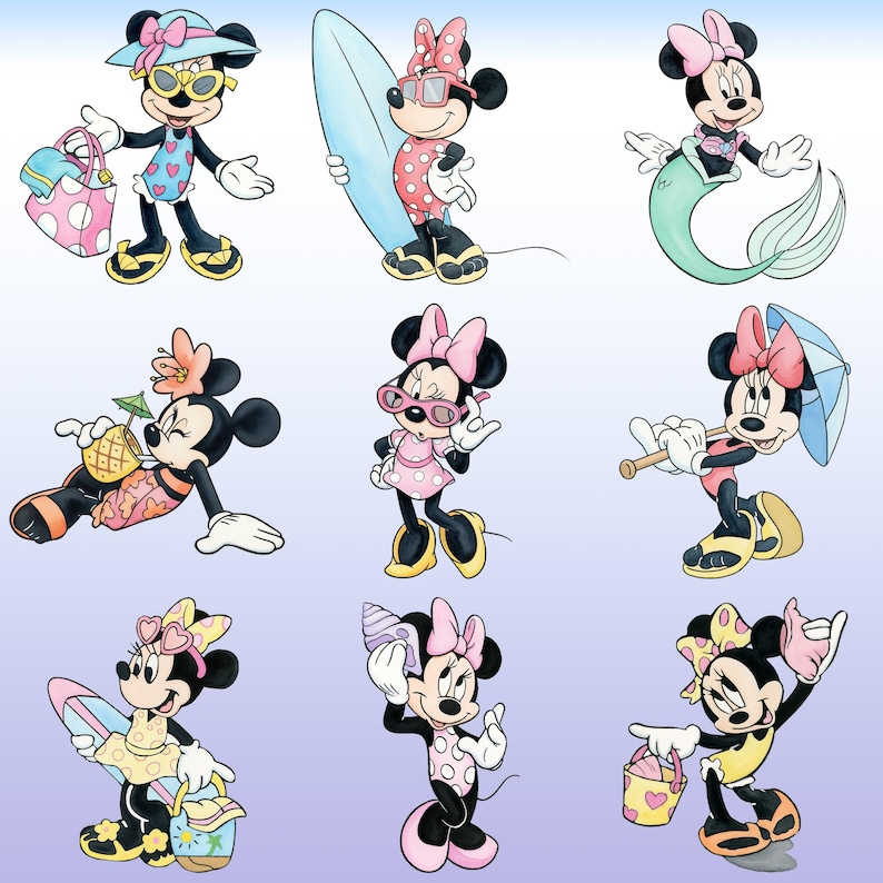 May include: A collection of nine illustrations featuring Minnie Mouse in various summer beach activities, including surfing, lounging with a pineapple drink, wearing a mermaid tail, holding a seashell, and carrying beach bags and umbrellas.