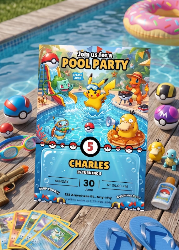 Pokémon Pool Party Birthday Invitation, Pikachu Squirtle Charmander Printable Kids Party Invite Template