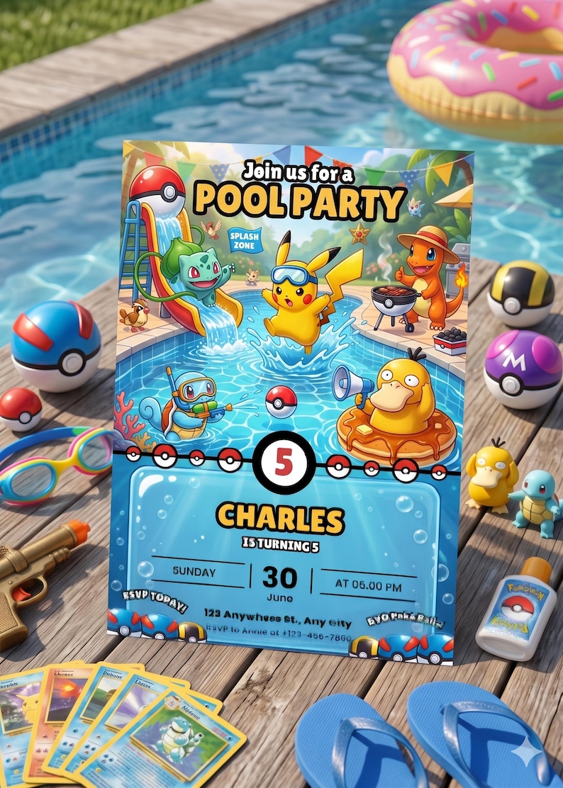 May include: A colorful pool party invitation featuring cartoon characters, a pool scene, and the text "Join us for a Pool Party". The invitation is for Charles' 5th birthday, with the date and time displayed. Various themed decorations are also present.