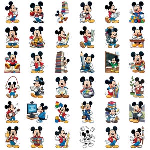 May include: A collection of thirty-six individual illustrations of Mickey Mouse in various school-themed activities, including reading books, writing with pencils, holding trophies, playing with building blocks, and interacting with classroom supplies.