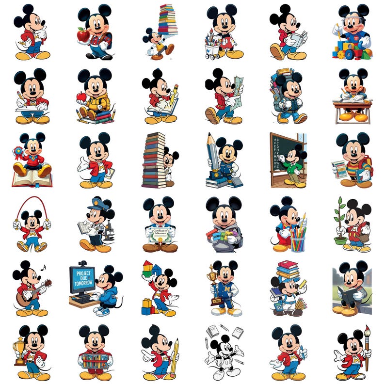 May include: A collection of thirty-six individual illustrations of Mickey Mouse in various school-themed activities, including reading books, writing with pencils, holding trophies, playing with building blocks, and interacting with classroom supplies.