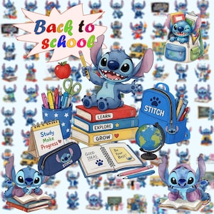 Könnte beinhalten: Eine farbenfrohe Illustration zum Thema 'Zurück zur Schule' mit der Figur Stitch. Stitch ist von Schulmaterial, Büchern und einem Rucksack umgeben. Das Bild enthält den Text 'Study Make Progress', 'Good Ideas' und 'Be Your Best!'