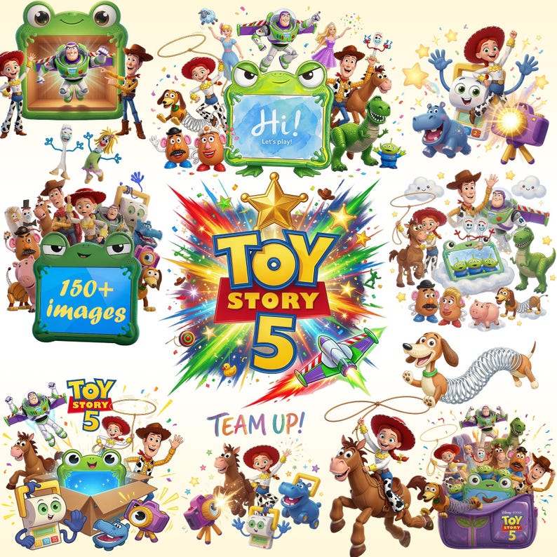 May include: A digital collection of Toy Story 5 themed graphics featuring characters like Woody, Buzz Lightyear, Jessie, and Slinky Dog. The images include green frog-shaped frames with text such as Hi!, Let's play!, and 150+ images.