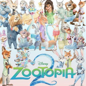 Op de afbeelding: Een kleurrijke illustratie met personages uit de Disney-film "Zootopia 2". De afbeelding toont verschillende antropomorfe dieren, waaronder vossen, konijnen en luiaards, in een gedetailleerde stijl. De titel "Zootopia 2" is prominent aanwezig.