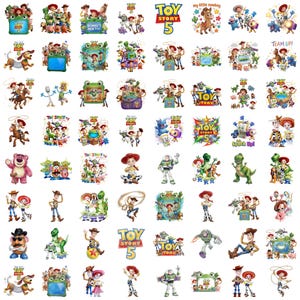 May include: A collection of colorful digital illustrations featuring characters from the Toy Story franchise, including Woody, Buzz Lightyear, Jessie, and Rex, alongside the Toy Story 5 logo, various toy boxes, and action-oriented poses on a white background.