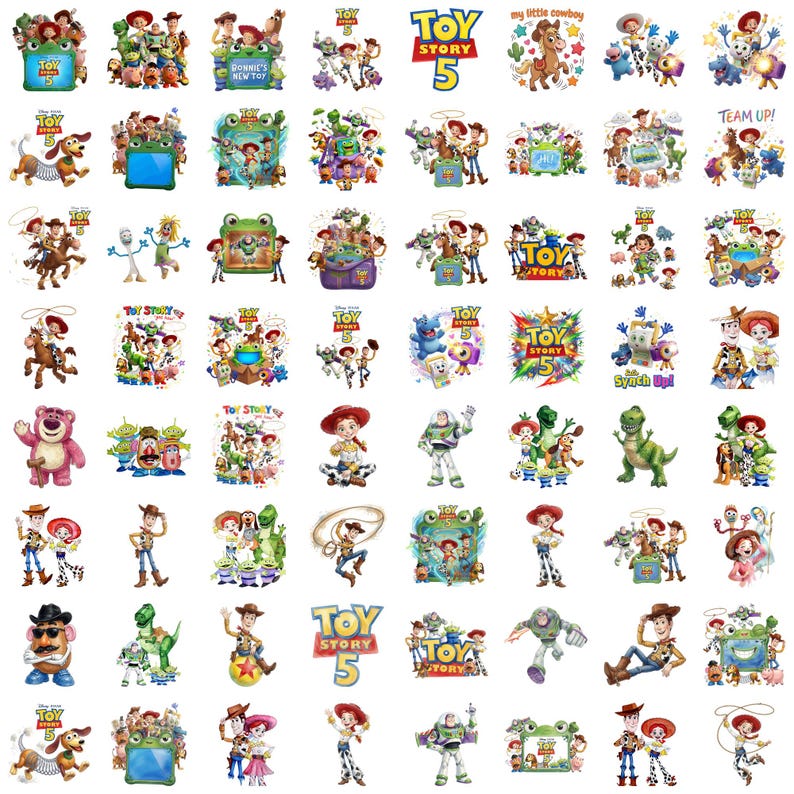 May include: A collection of colorful digital illustrations featuring characters from the Toy Story franchise, including Woody, Buzz Lightyear, Jessie, and Rex, alongside the Toy Story 5 logo, various toy boxes, and action-oriented poses on a white background.