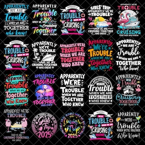 Może przedstawiać: Kolekcja kolorowych grafik na czarnym tle. Projekty zawierają teksty takie jak "Apparently We're Trouble" i "Cruising Together" z motywami marynistycznymi i tropikalnymi, w tym kotwice, statki i flamingi.