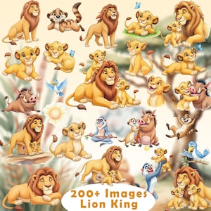 May include: A collection of digital illustrations featuring characters from The Lion King, including lions, a meerkat, a warthog, a mandrill, and a hornbill. The images show various poses of the characters, with text at the bottom reading 200+ Images Lion King.
