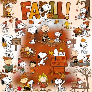 May include: A collection of Peanuts character illustrations featuring Snoopy, Charlie Brown, and friends in autumn settings. The images include characters wearing knit hats and scarves, playing with pumpkins, leaves, and books, with the text FALL! at the top.