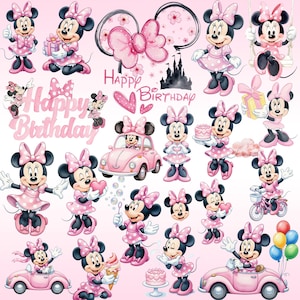 May include: A collection of Minnie Mouse illustrations in pink polka dot dresses and bows, featuring various poses, a pink car, a bicycle, a birthday cake, and the text Happy Birthday, all set against a soft pink background for decorative use.
