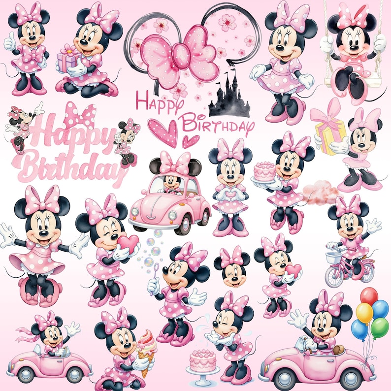May include: A collection of Minnie Mouse illustrations in pink polka dot dresses and bows, featuring various poses, a pink car, a bicycle, a birthday cake, and the text Happy Birthday, all set against a soft pink background for decorative use.