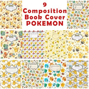 Puede incluir: Una colección de nueve portadas para cuadernos de composición con varios personajes Pokemon, incluyendo a Pikachu, Bulbasaur, Charmander y Squirtle, con iconos escolares como libros, lápices y Poke Balls sobre fondos de colores claros.