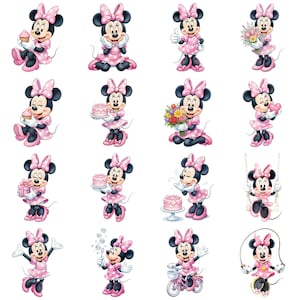 May include: A collection of sixteen illustrations featuring Minnie Mouse in various poses and activities. She is wearing a pink polka-dot dress and a matching pink bow. She is shown holding cupcakes, cakes, flowers, a gift, riding a bike, and jumping rope.