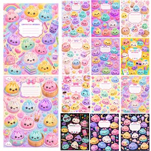 May include: A collection of composition notebooks featuring pastel-colored, smiling dumpling characters, boba tea, and various small icons. The covers display a central white label with the text Composition Notebook surrounded by colorful patterns.