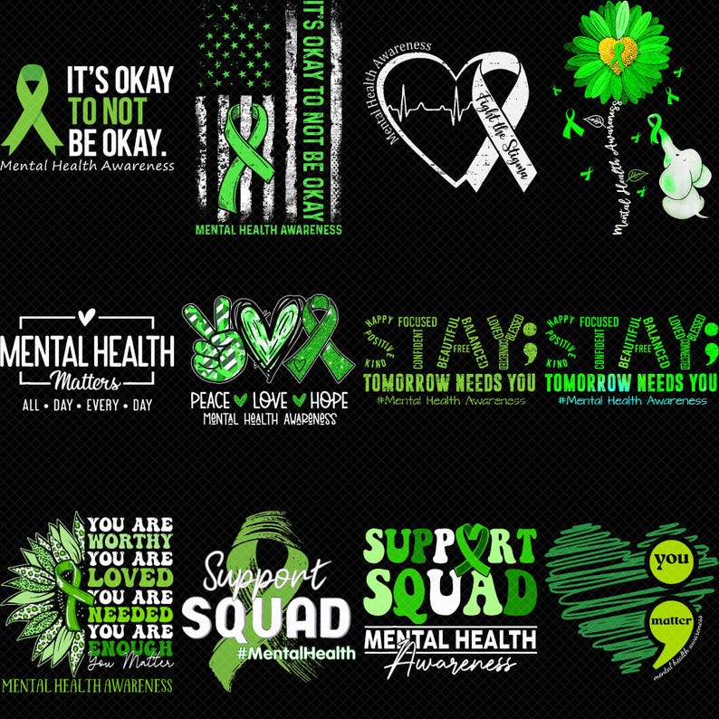 Mental Health Awareness PNG Bundle, Green Ribbon Support Designs, It's ...