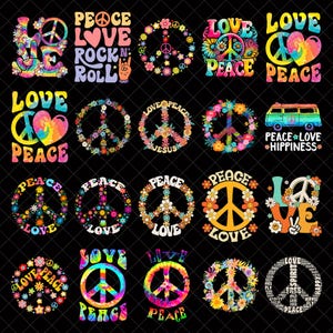 Groovy Hippie Peace Love PNG Bundle, Retro Tie Dye Flower Power Sublimation, 70s Boho Peace Sign Digital Download