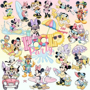 May include: A collection of 150 digital images featuring Mickey Mouse, Minnie Mouse, Donald Duck, Daisy Duck, Pluto, and Goofy in summer pool party attire. The characters are shown surfing, swimming, and relaxing with beach accessories and text.