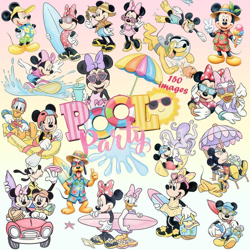 May include: A collection of 150 digital images featuring Mickey Mouse, Minnie Mouse, Donald Duck, Daisy Duck, Pluto, and Goofy in summer pool party attire. The characters are shown surfing, swimming, and relaxing with beach accessories and text.