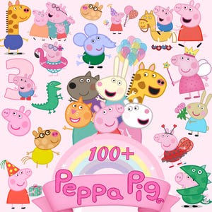 May include: A vibrant illustration featuring numerous Peppa Pig characters and friends, set against a pink backdrop. The image includes the text "100+ Peppa Pig" and a rainbow, suitable for children's products.