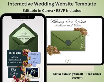 Olive Green Wedding Website Template | Puzzle Invitation (Canva Editable Digital Download)
