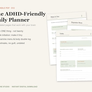 ADHD Daily Planner Printable, Undated ADHD Planner PDF, Task Initiation, Brain Dump, Dopamine Menu, Time Blindness, Habit Tracker