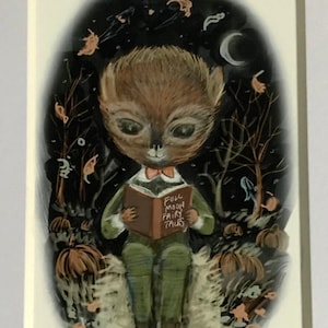 May include: A whimsical illustration of a furry creature sitting in a forest setting, reading a book titled "Full Moon Fairy Tales". The creature is wearing a green shirt and a red bow tie. The background is a dark forest with a crescent moon and stars.