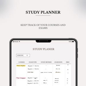 Könnte beinhalten: Ein digitaler Studienplaner auf einem Tablet-Bildschirm. Der Planer zeigt eine Tabelle mit Spalten für Kurse, Art der Prüfung, Lernmethode, Prüfungstermin und Priorität. Der Text "STUDY PLANNER" steht oben, darunter der Text "KEEP TRACK OF YOUR COURSES AND EXAMS".