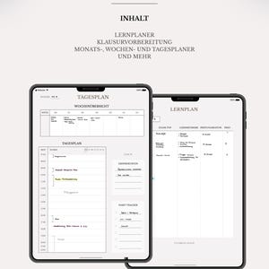 Könnte beinhalten: Ein digitaler Studentenplaner auf zwei Tablets. Der Text lautet STUDENTEN PLANER, INHALT, LERNPLANER, KLAUSURVORBEREITUNG, MONATS-, WOCHEN- UND TAGESPLANER UND MEHR. Die Bildschirme zeigen Tagespläne, Wochenübersichten und Lernpläne für Studierende.