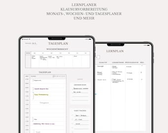 Può includere: Un pianificatore digitale per studenti visualizzato su due tablet. Il testo recita STUDENTEN PLANER, INHALT, LERNPLANER, KLAUSURVORBEREITUNG, MONATS-, WOCHEN- UND TAGESPLANER UND MEHR. Gli schermi mostrano programmi giornalieri e piani di studio.
