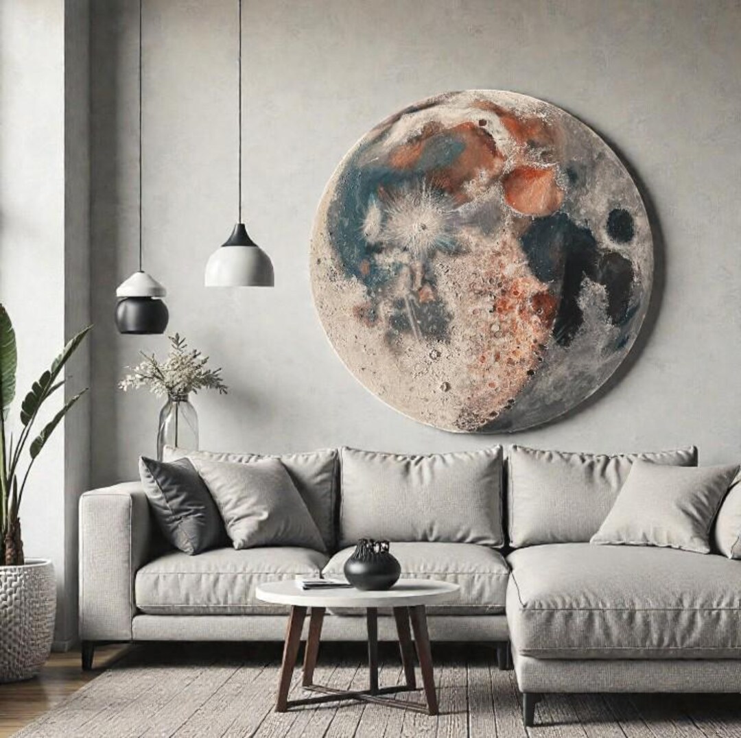 Round Moon Design Round Moon Painting – Large Circular Acrylic Moon Art, Textured Lunar ...