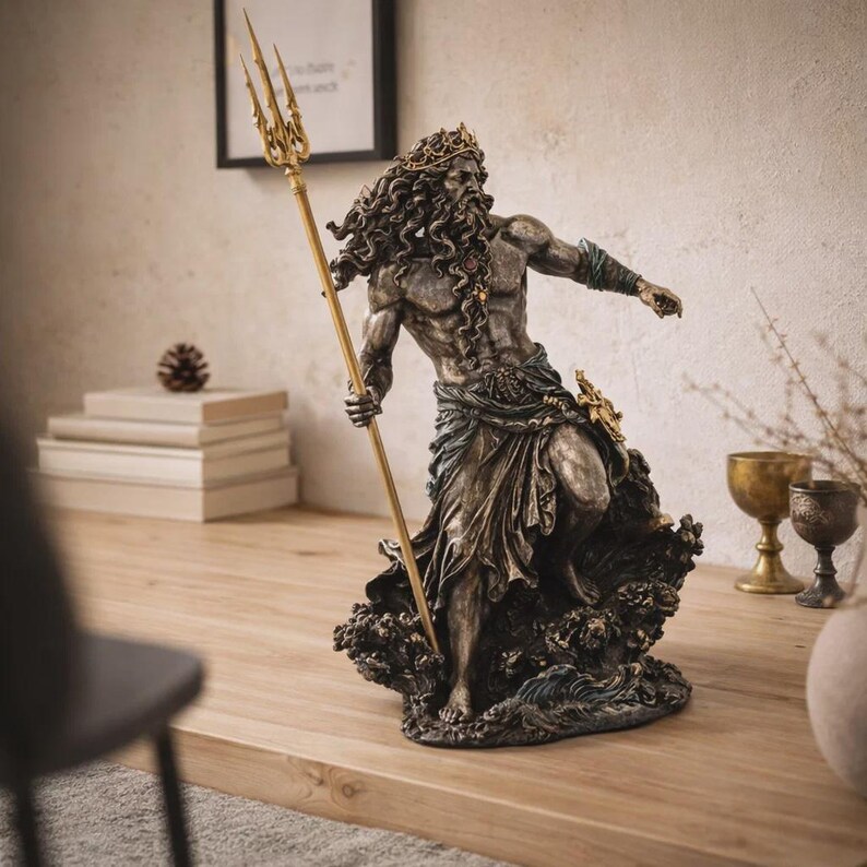 May include: A bronze-toned statue of a muscular male figure, possibly Poseidon or Neptune, holding a golden trident. The statue has long, curly hair and a crown. It stands on a base with wave-like details. The statue is on a wooden surface.