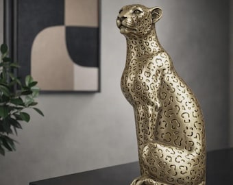 Gold Cheetah Statue, Champagne Leopard Figurine, Safari Animal Sculpture, Modern Home Office Decor