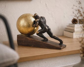 Sisyphus Resin Sculpture, Man Pushing Golden Sphere, Motivational Office Decor