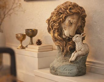 Lion and Lamb Statue, Hand-Painted Renaissance Religious Figurine