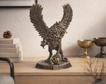 Antique Bronze Griffin Statue, Celtic Knot Base Mythical Sculpture