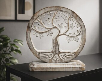 Tree of Life Wooden Sculpture – Hand Carved Table Decor for Home Office Living Room