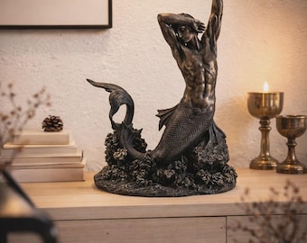 Antique Bronze Merman Statue, Nautical Fantasy Sculpture