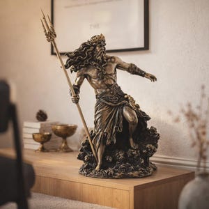 May include: Bronze-colored statue of a male figure, possibly a deity, holding a trident. The statue has long hair and a beard, wearing a crown and draped clothing. The figure stands on a textured base, with details suggesting waves or clouds.