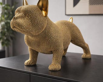 Gold French Bulldog Statue, Resin Dog Figurine, Glam Puppy Sculpture, Modern Home Office Decor