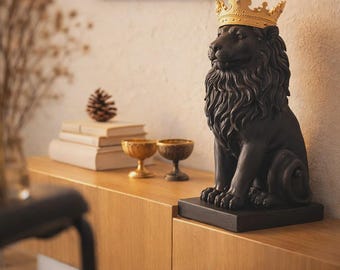 Crowned Lion Statue, Nordic Black and Gold Accent Decor